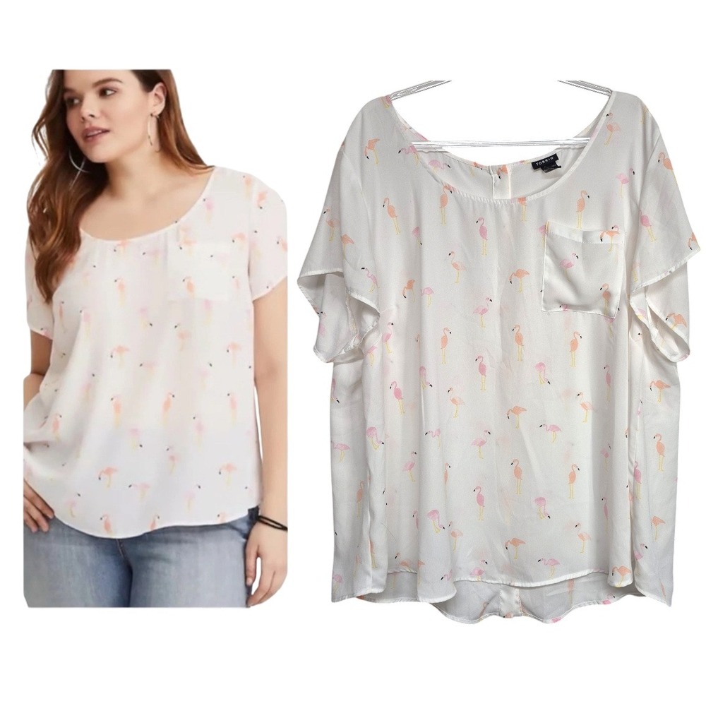 Torrid Womens Size 4 (4X) Flamingo Print Georgette Button Back Blouse White Pink